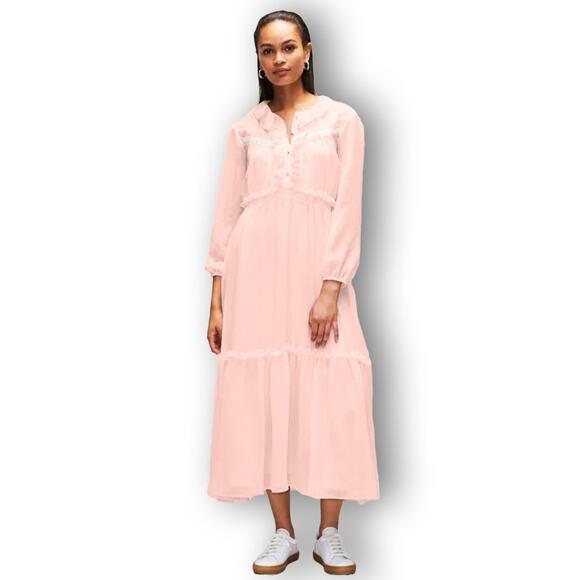 CLAUDIE PIERLOT Frilled Long Maxi Dress Sheer Blush Pink Sz 40/M NWT {R32} - Picture 1 of 7